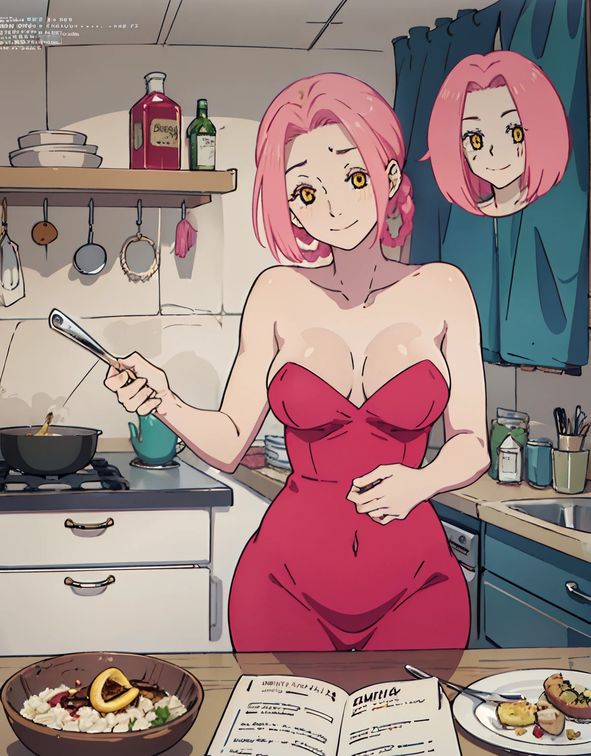 (Best Quality, Masterpiece),sexy mommy, Front cover of a women's cooking magazine, , naked, erotic, 18+, nsfw, 1girl, 30 years old, stunning, cute, smile, hourglass figure, Maid costume, beautiful food, text, diagrams, advertisements, magazine title,short pink hair,yellow detailed sparkling eyes,One strand of hair hangs down over his forehead