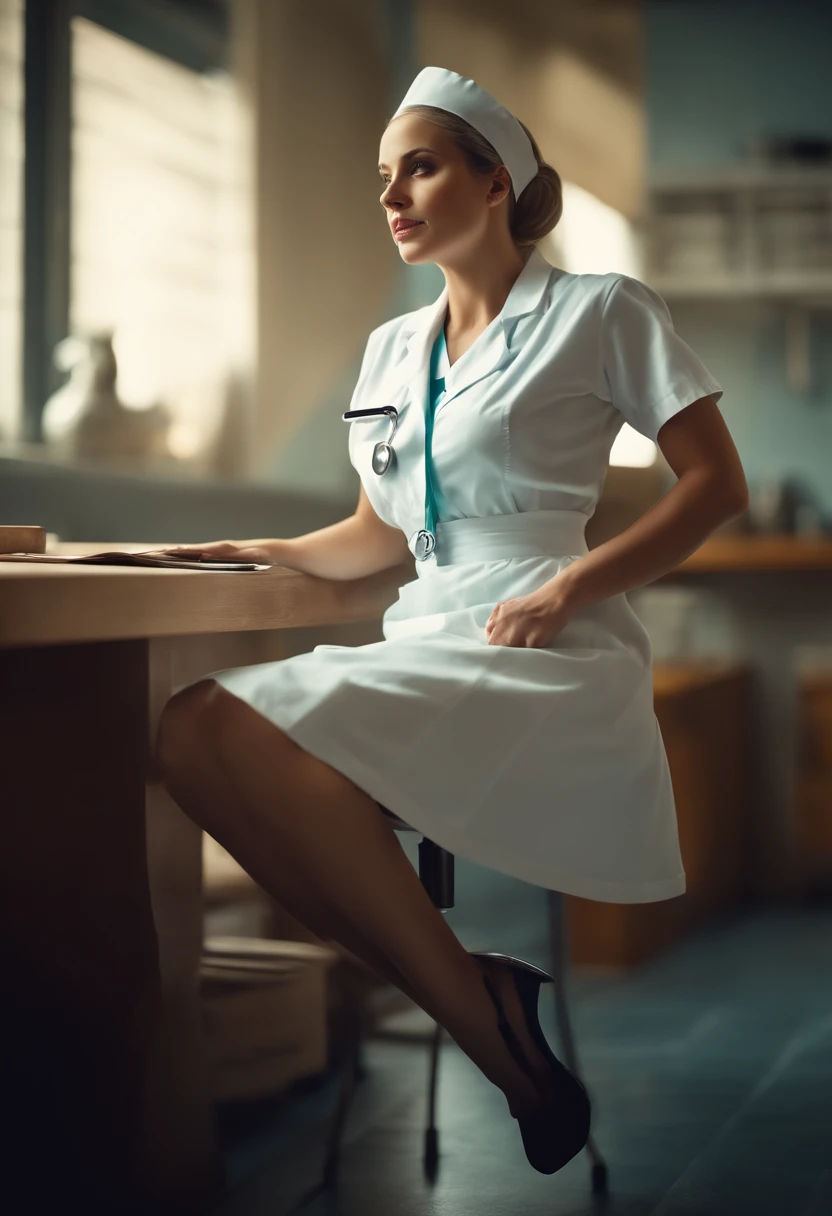 (best quality, highres, ultra-detailed), sexy beautiful nurse sitting on a table, legs crossed, dynamic angled scene, creativity, illustrations, bright colors, soft lighting