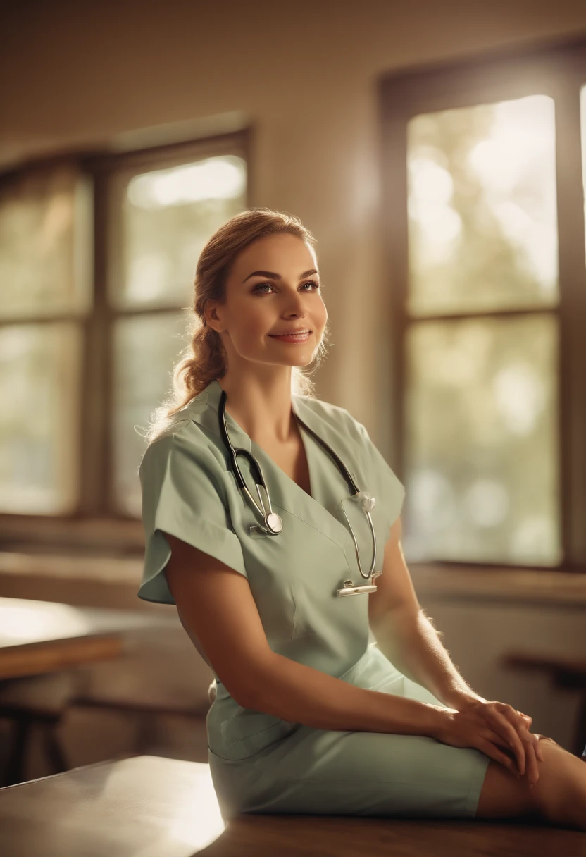 (best quality, highres, ultra-detailed), sexy beautiful nurse sitting on a table, legs crossed, dynamic angled scene, creativity, illustrations, bright colors, soft lighting
