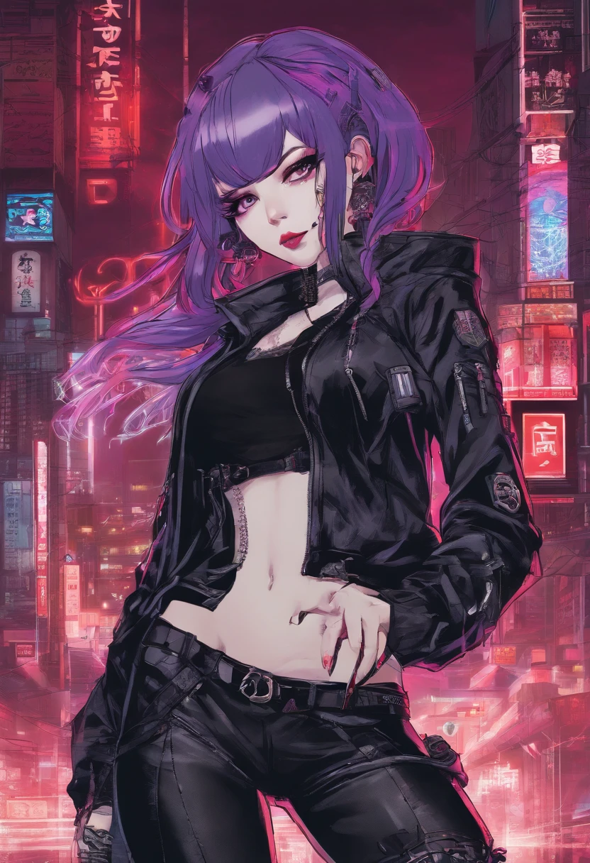 japanaese girl,pale skin,beatiful face(purple hair)red jacket,Tokyo at night, with Cyberpunk style,Japanese streetwear,Tokyo Fashion,In a Cyberpunk 2 jacket 0 7 7,Full-length,attractive pose,Bottom view