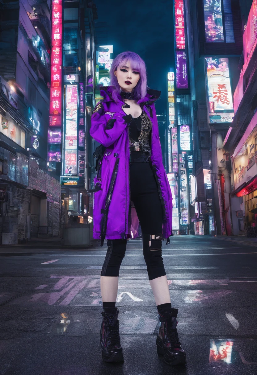 japanaese girl,pale skin,beatiful face(purple hair)red jacket,Tokyo at night, with Cyberpunk style,Japanese streetwear,Tokyo Fashion,In a Cyberpunk 2 jacket 0 7 7,Full-length,attractive pose,Bottom view