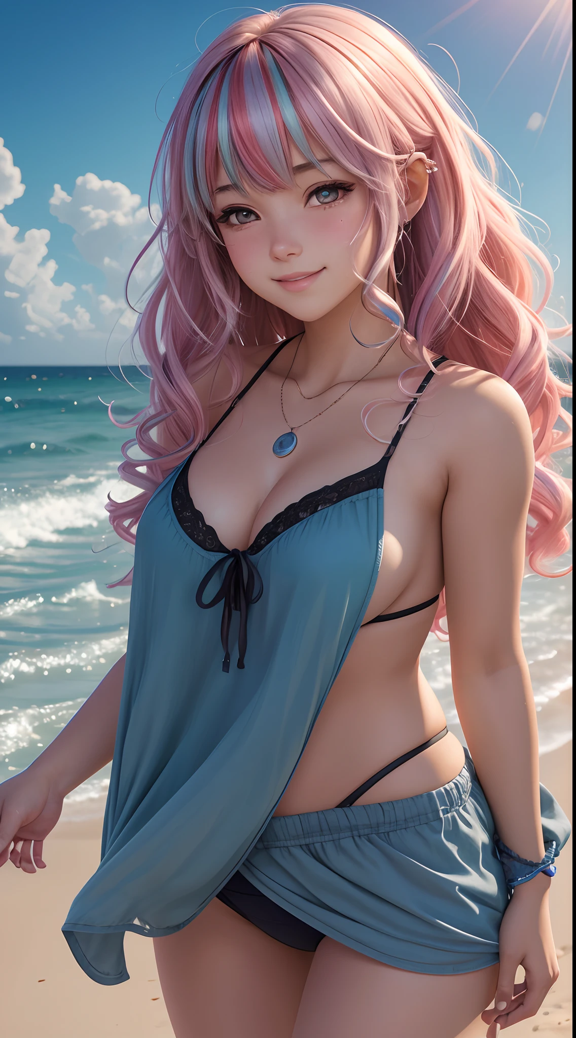 A female high school student by the sea, looking at viewert, multicolored hair, Gradient hair, Curly hair, Parted bangs, Dilated pupils, Pointy ears, Smile, Blush, Shy, Ear blush, Seductive smile, full blush, Moaning, nose blush, Cinematic lighting, god light, Ray tracing, full bloom, retinas, Anatomically correct, Textured skin, High details, Best quality, A high resolution, 8K