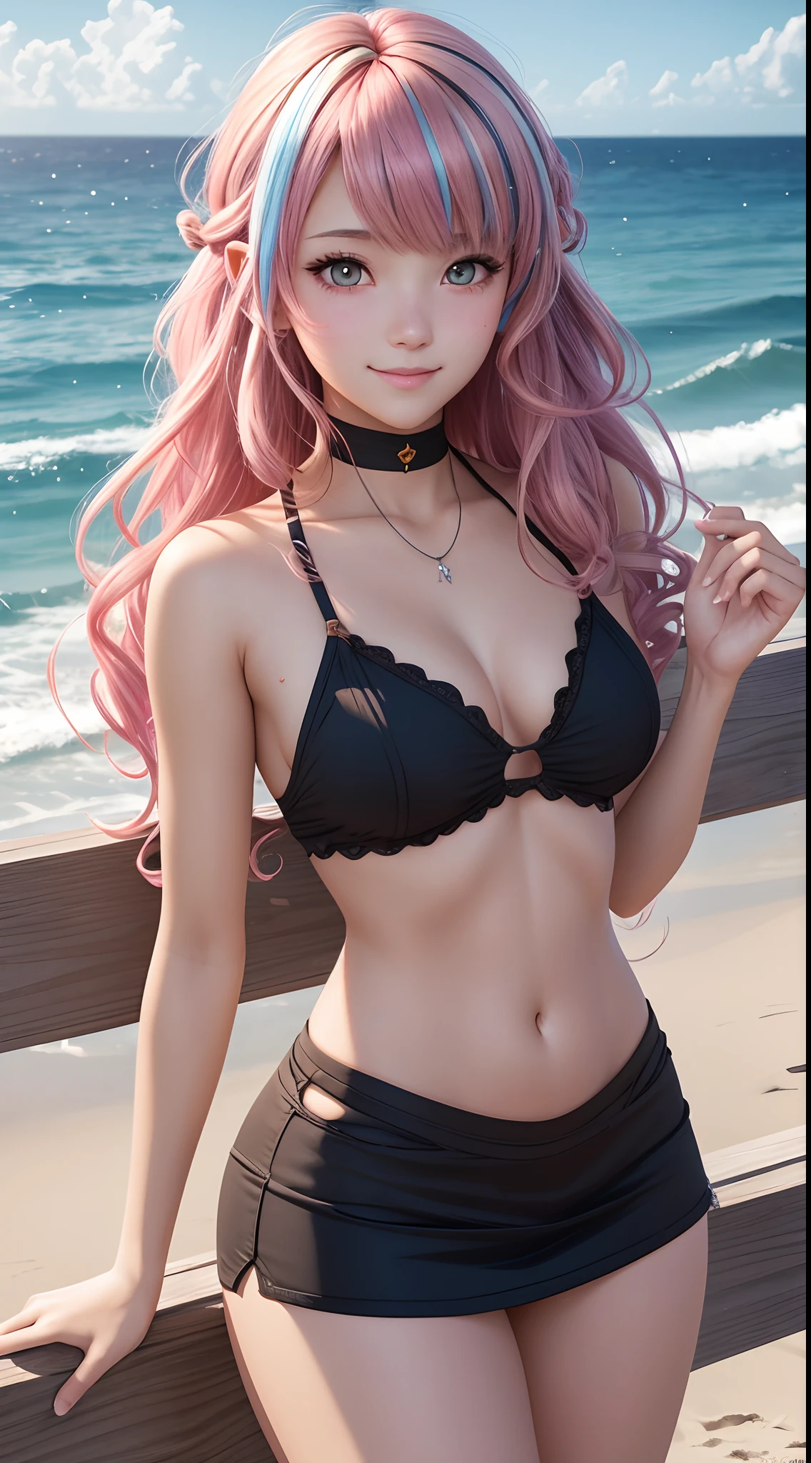 A female high school student by the sea, looking at viewert, multicolored hair, Gradient hair, Curly hair, Parted bangs, Dilated pupils, Pointy ears, Smile, Blush, Shy, Ear blush, Seductive smile, full blush, Moaning, nose blush, Cinematic lighting, god light, Ray tracing, full bloom, retinas, Anatomically correct, Textured skin, High details, Best quality, A high resolution, 8K