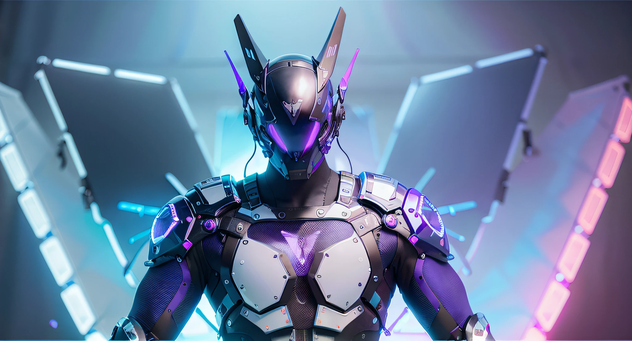 MALE. MAN. MAN. MALE..wings leds, divine paradise. neon blue and Purple butterfly wings leds. heavenly illumination. God. Holy robotic. levitating. Position of god. Deitado na cama. strong, robust and masculine body. fat arms. Position of divinity. Floating. divine statue, pedestal, holy pedestal. levitating. masterpiece, best quality, a close up of a futuristic looking cyborg man with a fantastic cyber helmet head with blue and Purple triangle led lights and a halo, full body, dancing. dance. synthwave ballad. silver pants. wearing a blue and Purple techwear jacket, white church in background. jump, full body, robotic legs. divine statue, pedestal, holy pedestal. neon blue and Purple butterfly wings leds. MASCULINE. MALE