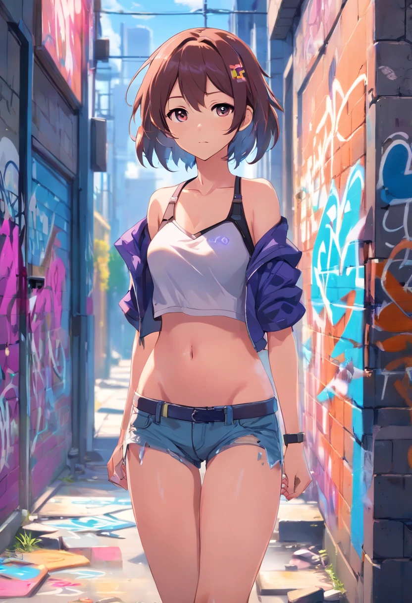 kamisato ayaka|genshin impact, master-piece, bestquality, 1girls,25 years old, proportional body, elongated legs, Beautiful, proportional., crop top, Long Jeans, mediuml breasts, ,bara, crop top, choker, (Graffiti:1.5), Splash with purple lightning pattern., arm behind back, against wall, View viewers from the front., Thigh strap, Head tilt, bored,