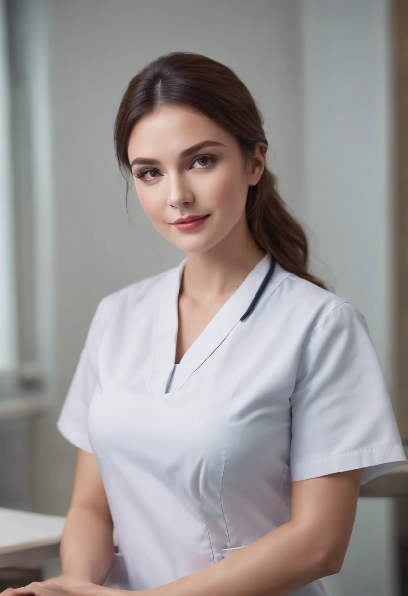 (best quality, highres, ultra-detailed), sexy beautiful nurse sitting on a table, legs crossed, dynamic angled scene, creativity, illustrations, bright colors, soft lighting, oil painting style, vibrant color palette, glossy texture, intricate background, medical equipment, confident expression, alluring charm, captivating gaze, finely detailed facial features, flowing brunette hair, elegant white uniform, stethoscope around her neck, colorful hospital setting, warm and inviting atmosphere, professional yet seductive, surreal elements, dreamlike ambiance, depth and dimension, expert shading and highlights, masterful brushstrokes