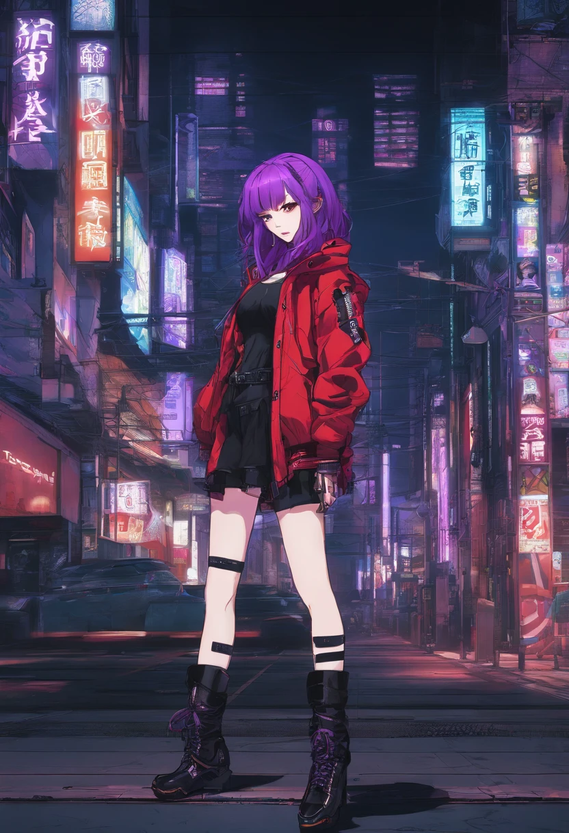 japanaese girl,pale skin,beatiful face(purple hair)red jacket,Tokyo at night, with Cyberpunk style,Japanese streetwear,Tokyo Fashion,In a Cyberpunk 2 jacket 0 7 7,Full-length,attractive pose,Bottom view