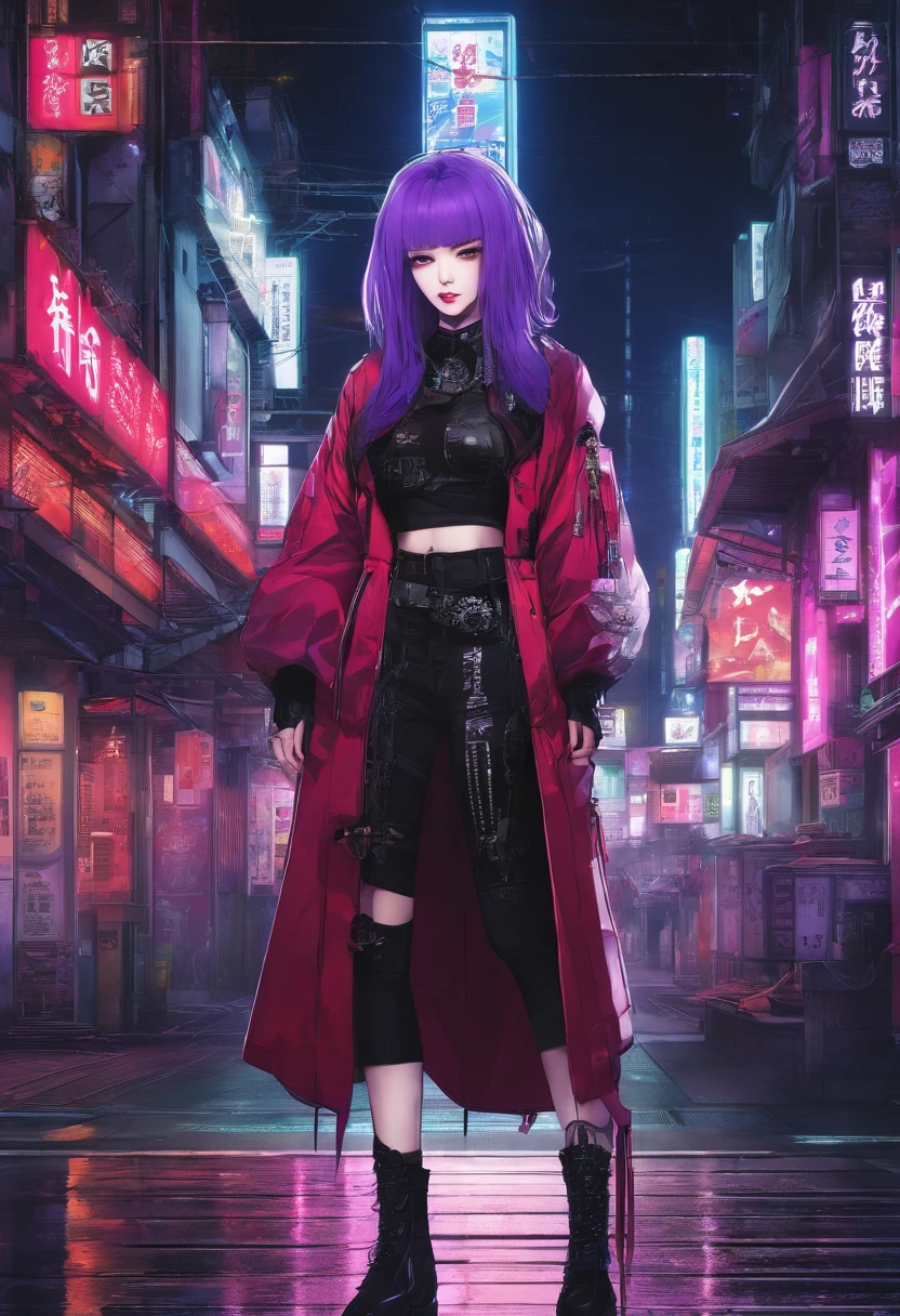 japanaese girl,pale skin,beatiful face(purple hair)red jacket,Tokyo at night, with Cyberpunk style,Japanese streetwear,Tokyo Fashion,In a Cyberpunk 2 jacket 0 7 7,Full-length,attractive pose,Bottom view