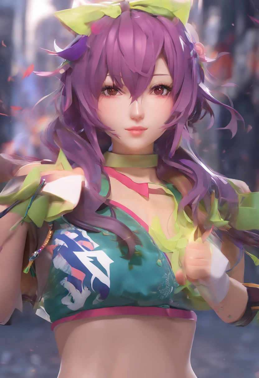 kamisato ayaka|genshin impact, master-piece, bestquality, 1girls,25 years old, proportional body, elongated legs, Beautiful, proportional., crop top, Long Jeans, mediuml breasts, ,bara, crop top, choker, (Graffiti:1.5), Splash with purple lightning pattern., arm behind back, against wall, View viewers from the front., Thigh strap, Head tilt, bored,