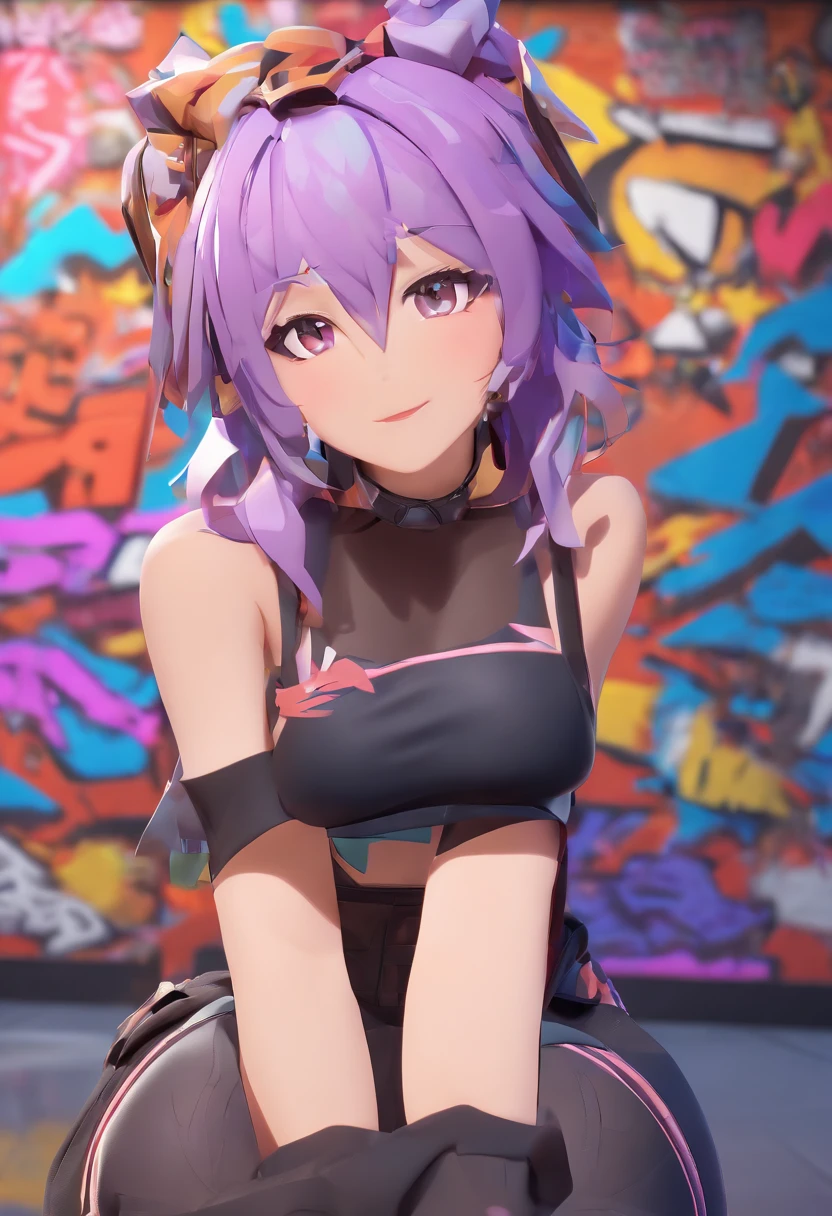 kamisato ayaka|genshin impact, master-piece, bestquality, 1girls,25 years old, proportional body, elongated legs, Beautiful, proportional., crop top, Long Jeans, mediuml breasts, ,bara, crop top, choker, (Graffiti:1.5), Splash with purple lightning pattern., arm behind back, against wall, View viewers from the front., Thigh strap, Head tilt, bored,