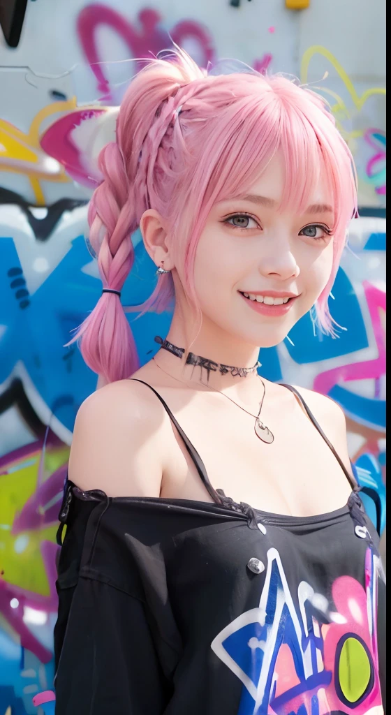 (ultra-detailliert), Black Psychedelic Shirt、Blue eyes,The upper part of the body、a closeup、faces、(A smile:1.5),(facing front:1.2),(masutepiece:1.3, Best Quality, Photorealistic, Ultra-detailed, Finely detailed, High resolution, 8K Wallpaper), 1 beautiful girl, Beautiful face, Detailed face, Beautiful eyes, Detailed eyes, Looks fun、Smiling, earrings, Necklace, Only 1 person,Pink Hair Medium Hair, (Pink hair), Ear Hair, small tits, Single braid, (Single braid), (Side braid),on a stage, Spotlight, small tits、Denim shorts, Choker, (Graffiti:1.5), Paint Splatter, arms behind back, Against Wall, Looking at Viewer, arm band, Thigh strap, paint on body,