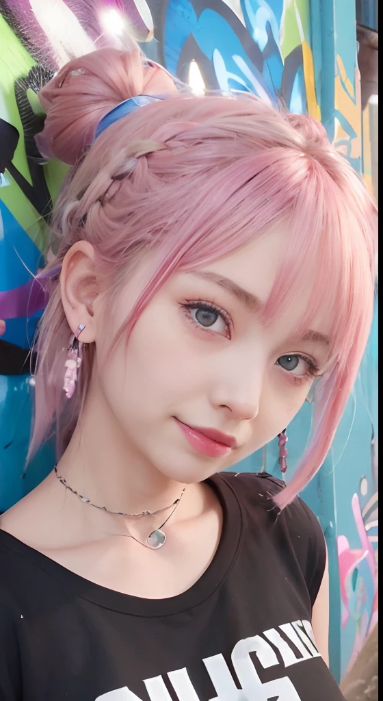 (ultra-detailliert), Black psychedelic shirt、Blue eyes,The upper part of the body、a closeup、faces、(A smile:1.5),(facing front:1.2),(masutepiece:1.3, Best Quality, Photorealistic, Ultra-detailed, Finely detailed, High resolution, 8K Wallpaper), 1 beautiful girl, Beautiful face, Detailed face, Beautiful eyes, Detailed eyes, Looks fun、Smiling, earrings, Necklace, Only 1 person,Pink Hair Medium Hair, (Pink hair), Ear Hair, small tits, Single braid, (Single braid), (Side braid),on a stage, Spotlight, small tits、Denim shorts, Choker, (Graffiti:1.5), Paint Splatter, arms behind back, Against Wall, Looking at Viewer, arm band, Thigh strap, paint on body,
