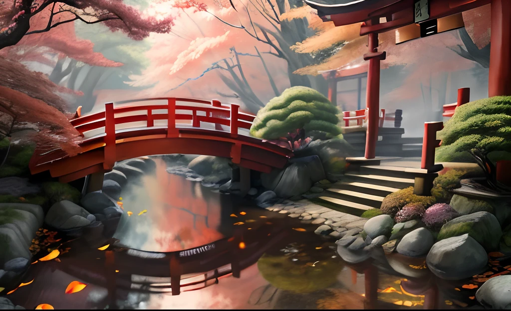 (Best Quality,4K,8K,hight resolution,masutepiece:1.2),Ultra-detailed,Realistic,Photorealistic:1.37, nffsw,nffsw,Girl in red kimono surrounded by bright autumn leaves,Tranquil Japanese Garden,beautiful detailed eyes and face,Traditional wooden architecture,Sparkling golden light,peaceful ambiance,Soft sunlight through the leaves,A faint scent of incense wafts in the air,The subtle sound of a bamboo flute echoing in the distance,Medium:traditional japanese painting,crimson and orange shades,,The subtle glow of lanterns illuminating the garden,Waterfall cascading down rocks,A small stone bridge over a quiet pond,Soft rustling of leaves under your feet,Kaleidoscope of colors,A breeze rustling in a girl's kimono,Endless rows of torii gates leading to sacred shrines in the distance,Quiet awe and tranquility,Artistic brush strokes that capture the essence of the moment.