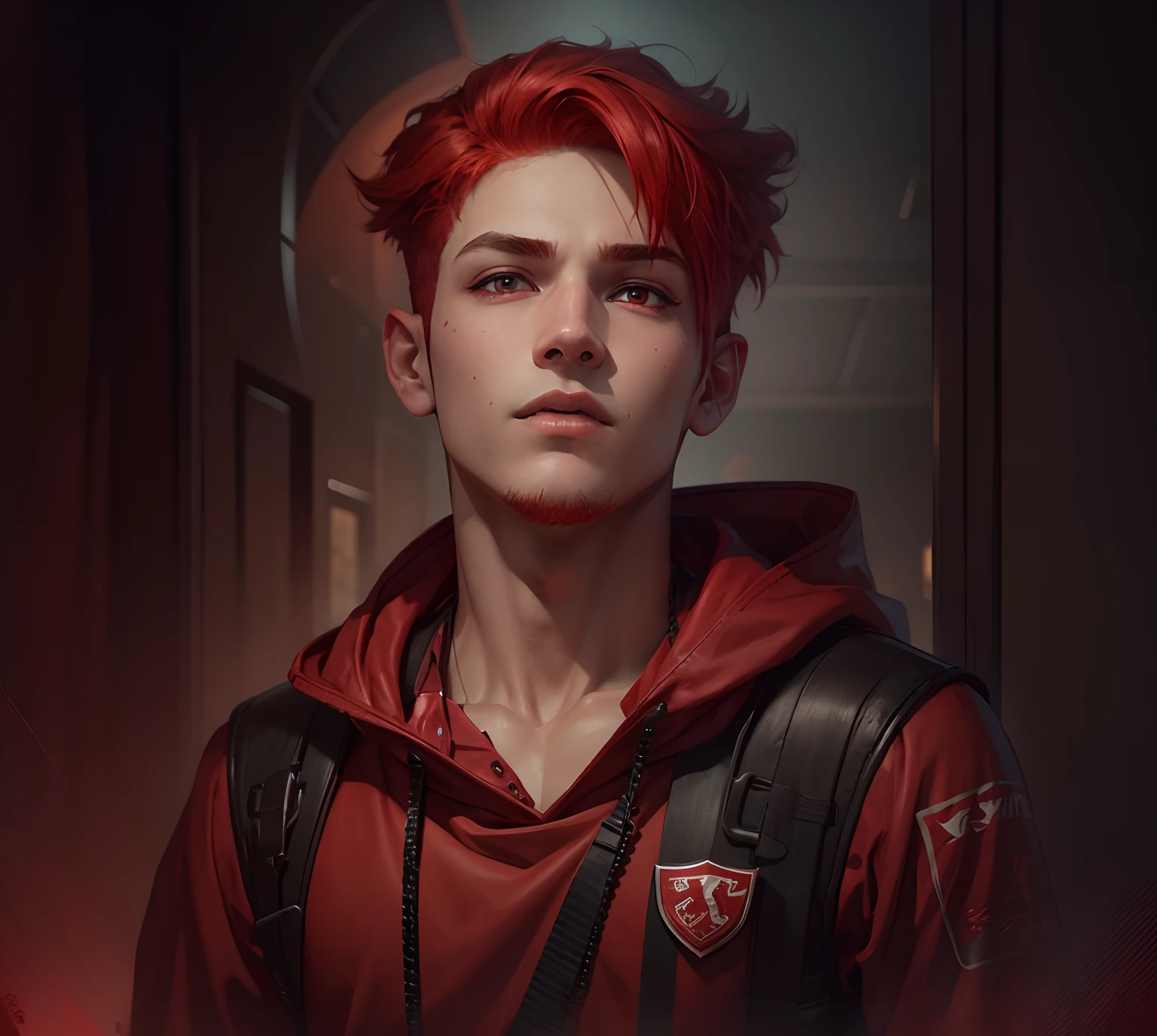 A gaming boy character,red hair, eyes red, background is gaming