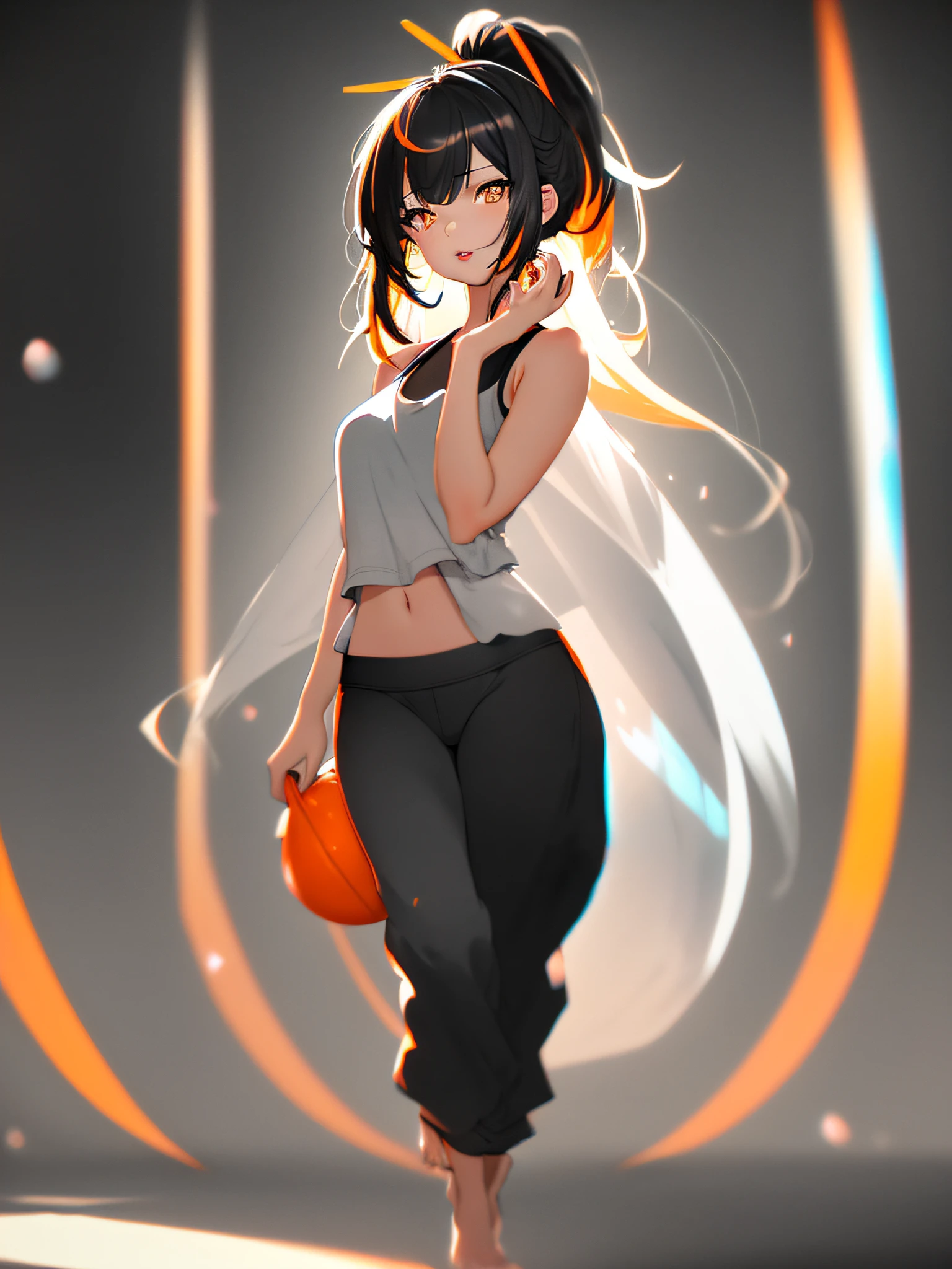 (masterpiece:1.5) (bestquality) highlydetailed ultra-detailed cute (1girl) (princess hair:1.2) (bangs) (black long hair:0.8) (high ponytail) (long ponytail braid:0.8) (long straight hair:0.8) (orange eyes) (amber eyes) (blue highlights) (headband) (ball) (barefoot) (black hair) ( (chromatic aberration) (depth of field) (full body) (grey background) (lips) (motion blur) (pants) ) (solo) (standing) (tank top) (yoga pants)