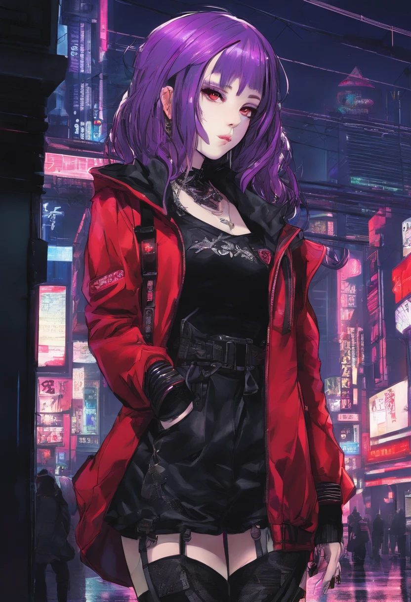 japanaese girl,pale skin,beatiful face(purple hair)red jacket,Tokyo at night, with Cyberpunk style,Japanese streetwear,Tokyo Fashion,In a Cyberpunk 2 jacket 0 7 7,Full-length,attractive pose,Bottom view