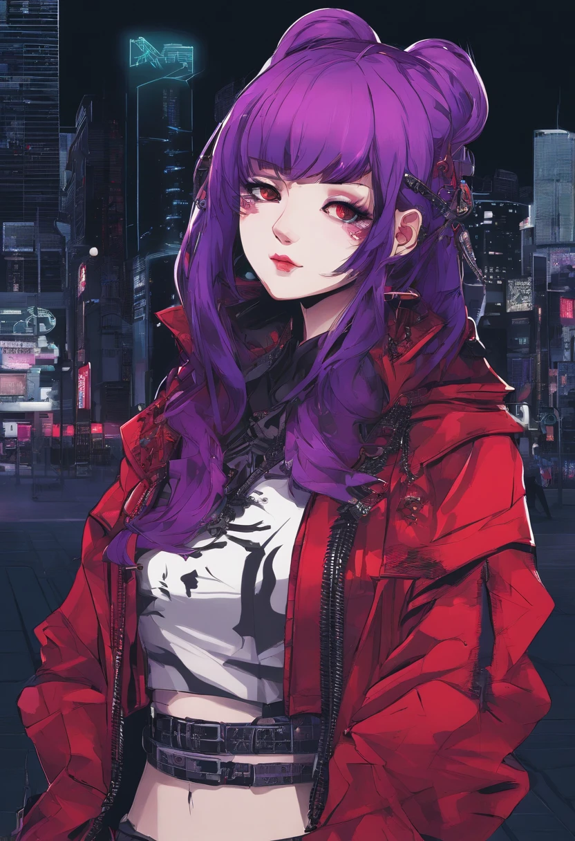 japanaese girl,pale skin,beatiful face(purple hair)red jacket,Tokyo at night, with Cyberpunk style,Japanese streetwear,Tokyo Fashion,In a Cyberpunk 2 jacket 0 7 7,Full-length,attractive pose,Bottom view