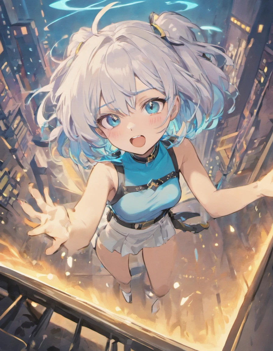 comic,perspective,from above, Girl, hand on waist, detailed eyes,chocker,white clotches,dark skirt,light blue hair, cut hair, cat ears, smile open mouth, bust, freckles