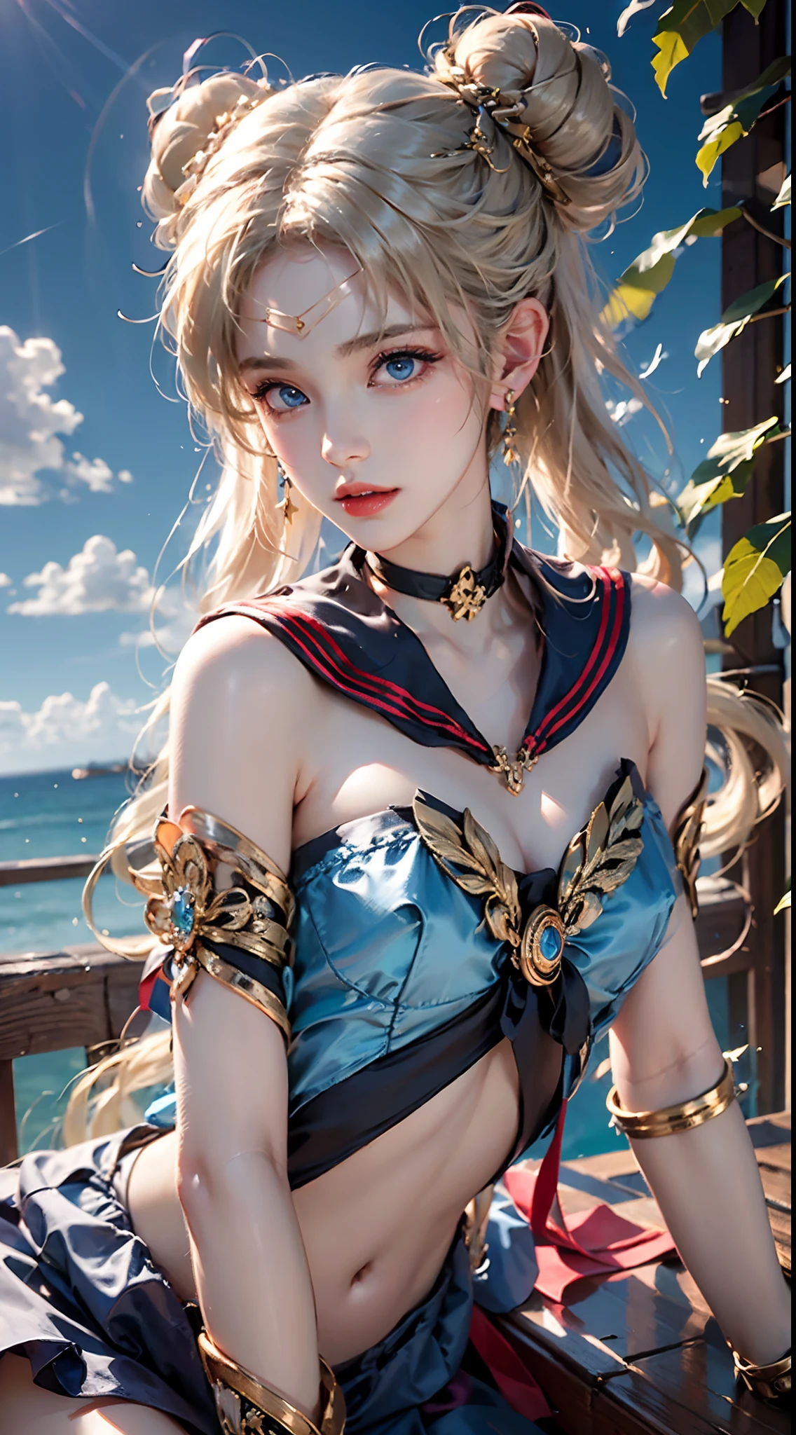 photorealistic, masterpiece, photorealistic, high resolution, soft light, hips up, (blue eyes, blonde hair), long hair,  (silk and Ribbon in front:1.3),earrings,filigree,detached sleeves,wide sleeves, (armlet:1.2),jewelry, (cleavage,bare shoulder,strapless,Simple Choker,tube dress,no bra:1.1), ------------------------------- (sky,idle animation,simple background,Leaves and plant in front :1.2), ------------------------------- (meishaonv,blue eyes,tsukino usagi,double bun,sailor collar,crescent,sailor moon:1.2)