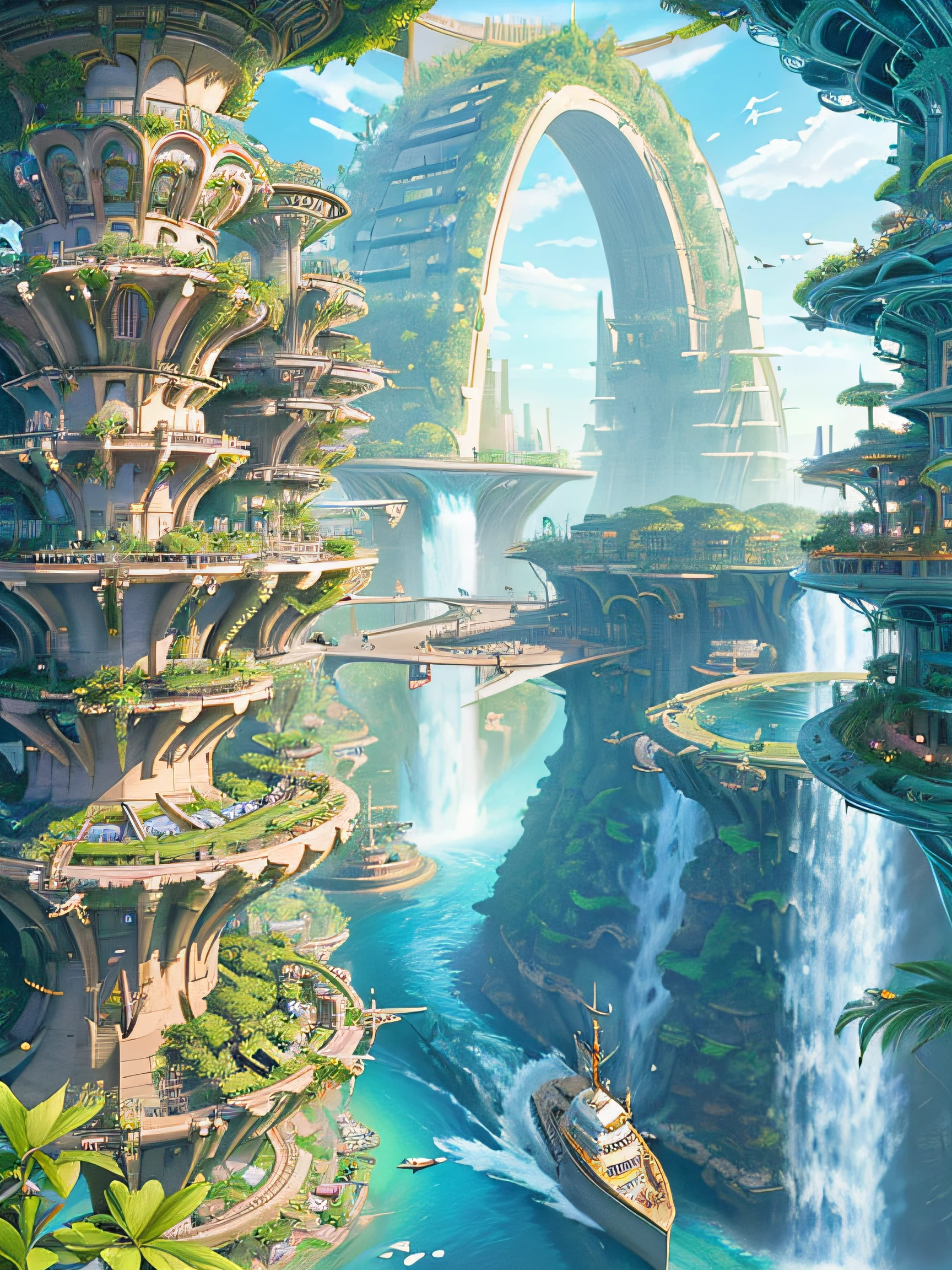 aerial view, stacked architecture city on giant towers and rings with many arches and bridges and flowering terraces, colorful vegetation, sci-fi futuristic architecture, waterfalls, many boats and ships, a matte painting by james gurney, trending on cgsociety, oversaturated, ultra sharp, hyper realistic