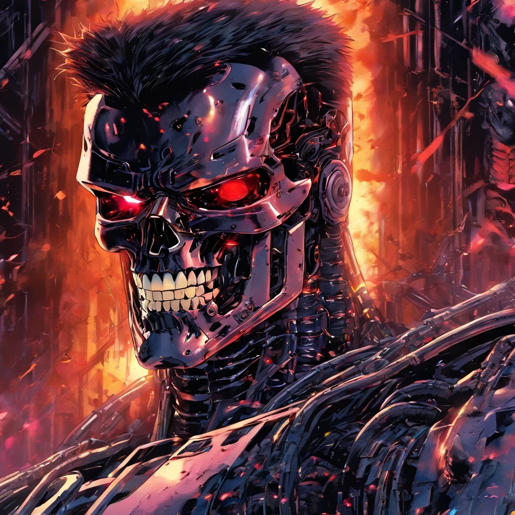 Terminator T-800, atmosphere of darkness and horror, in the style of wallpaper portraits, realism, modular, uhd image, --niji 5