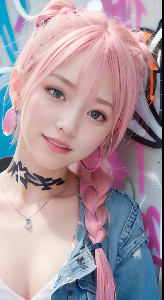 (ultra-detailliert), Black psychedelic shirt、Blue eyes,The upper part of the body、a closeup、faces、(A smile:1.5),(facing front:1.2),(masutepiece:1.3, Best Quality, Photorealistic, Ultra-detailed, Finely detailed, High resolution, 8K Wallpaper), 1 beautiful girl,  Beautiful face, Detailed face, Beautiful eyes, Detailed eyes, Looks fun、Smiling, earrings, Necklace, Only 1 person,Pink Hair Medium Hair, (Pink hair), Ear Hair, small tits, Single braid, (Single braid), (Side braid),on a stage, Spotlight, small tits、Denim shorts, Choker, (Graffiti:1.5), Paint Splatter, arms behind back, Against Wall, Looking at Viewer, arm band, Thigh strap, paint on body,
