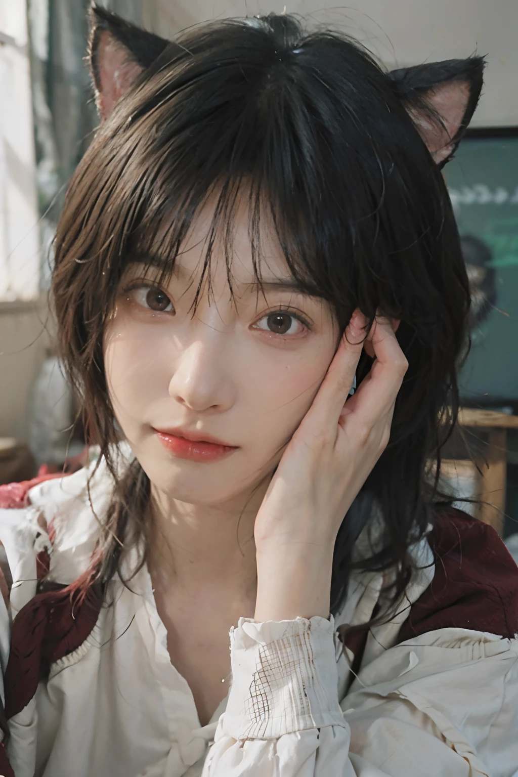 8K,NSFW、(whitish hair) 、White hair、Best Quality, masutepiece, Ultra High Resolution, (Realism: 1.4), Original photo, Colors inspired by red、(True skin texture: 1.3), (Film grain: 1.3), Beautiful eyes and face details, shorten the head、masutepiece, Best Quality, close up, Full body, Look at the viewer,Blue Ribbon、Bob cut with gray hair、18year old、White cat ears