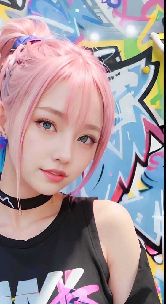 (ultra-detailliert), Black psychedelic shirt、Blue eyes,The upper part of the body、a closeup、faces、(A smile:1.5),(facing front:1.2),(masutepiece:1.3, Best Quality, Photorealistic, Ultra-detailed, Finely detailed, High resolution, 8K Wallpaper), 1 beautiful girl, Beautiful face, Detailed face, Beautiful eyes, Detailed eyes, Looks fun、Smiling, earrings, Necklace, Only 1 person,Pink Hair Medium Hair, (Pink hair), Ear Hair, small tits, Single braid, (Single braid), (Side braid),on a stage, Spotlight, small tits、Denim shorts, Choker, (Graffiti:1.5), Paint Splatter, arms behind back, Against Wall, Looking at Viewer, arm band, Thigh strap, paint on body,