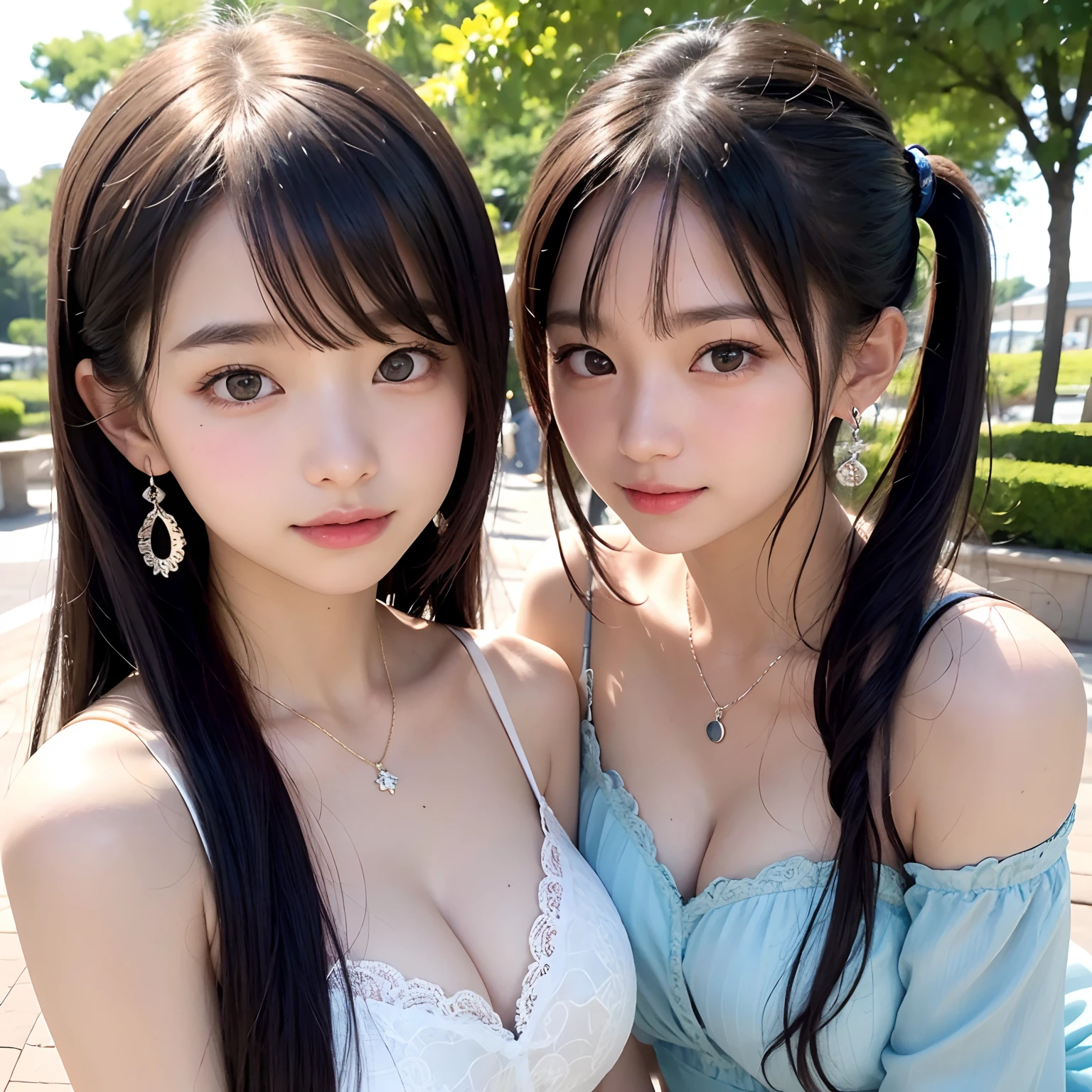 2 girls in、Twintail hairstyles,masutepiece, Best Quality, 8K, 15yo student, Teen, Raw photo, absurderes, award winning portrait, Smile,   Botanical Garden, neons, Idol face, violaceaess, gardeniass, Delicate girl, Upper body, Digital SLR, Looking at Viewer, Candid, Sophisticated, zora々Right, Thin arms, Professional Lighting, Film grain, chromatic abberation, (Eyes and faces with detailed:1.0), (Bokeh:1.1),Luxurious dresses、intricate lace、intricate hair ornament、Complex earrings、Complex necklaces、Beautiful breasts、shawls、Pink and light blue,