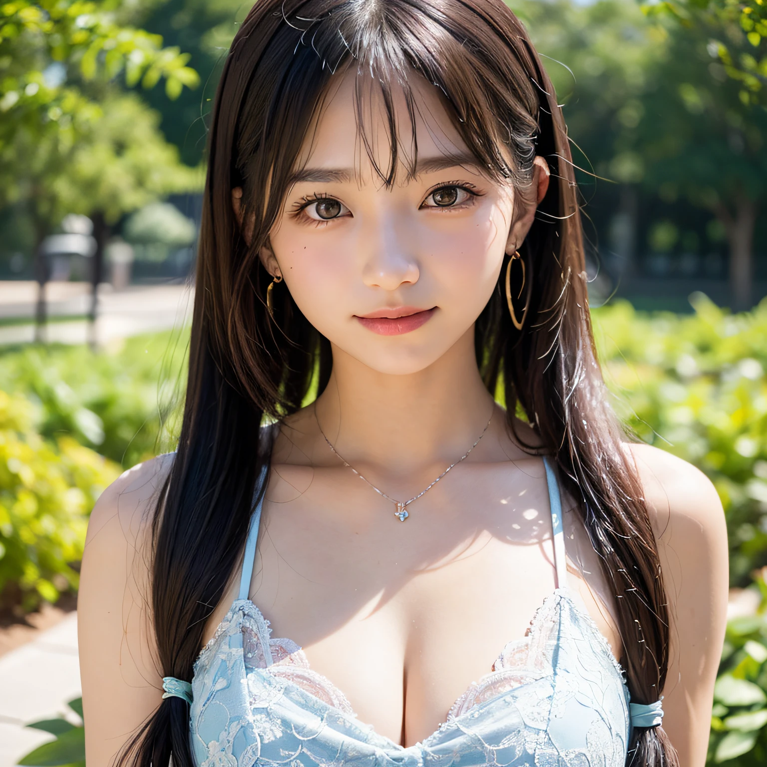2 girls in、Twintail hairstyles,masutepiece, Best Quality, 8K, , Teen, Raw ph absurderes, award winning portrait, Smile, Botanical Garden, neons, Idol face, violaceaess, gardeniass, Delicate girl, Upper body, Digital SLR, Looking at Viewer, Candid, Sophisticated, zora々Right, Thin arms, Professional Lighting, Film grain, chromatic abberation, (Eyes and faces with detailed:1.0), (Bokeh:1.1),Luxurious dresses、intricate lace、intricate hair ornament、Complex earrings、Complex necklaces、Beautiful breasts、shawls、Pink and light blue,