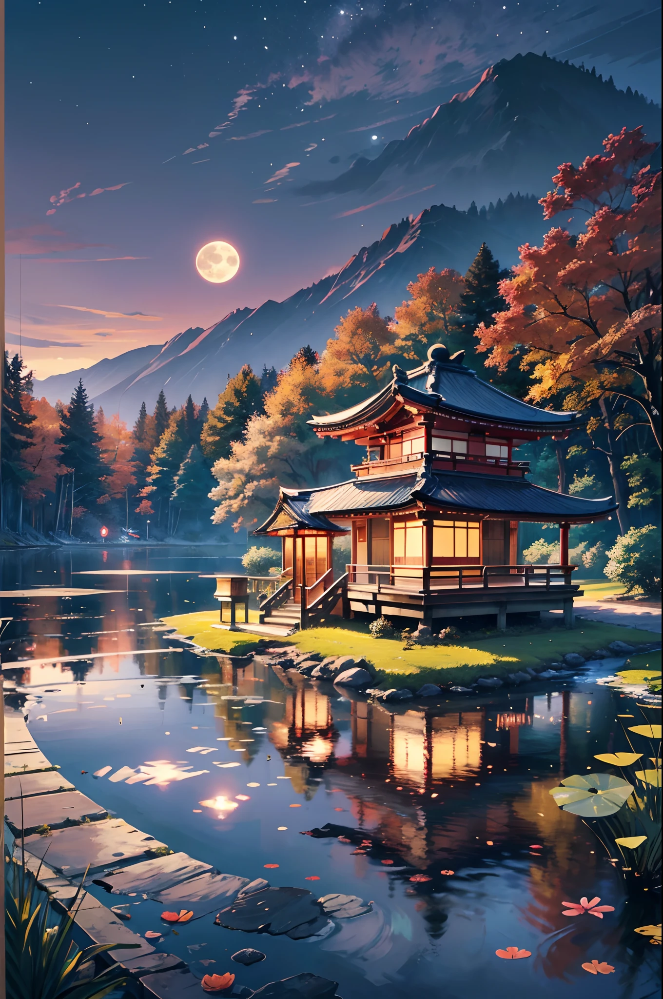 (8k, highest quality, 16k, award winning, super detail, textured skin, anatomically correct,high resolution, raw photo, masterpiece: 1.3), Japanese shrine maiden, white yukata, hakama, black hair, 1 A pond with only one fallen leaf on your head, (full moon and autumn leaves reflected on the water surface: 1.4), (full moon reflected beautifully in the pond: 1.1), mirror-like pond, full moon night, moonlight, lantern, details of a face, Detailed fingers, shrines, torii gates, autumn, autumn leaves, changing colors, dancing leaves, swaying hair, pretty faces, dream-like scenery, beautiful scenery, inspiring, (sitting on the ground and looking at the pond alone :1.3), profile, quiet night, look at moon reflection in the water, photorealistic, reflection light, cinematic lighting, reflection light, reflection light,