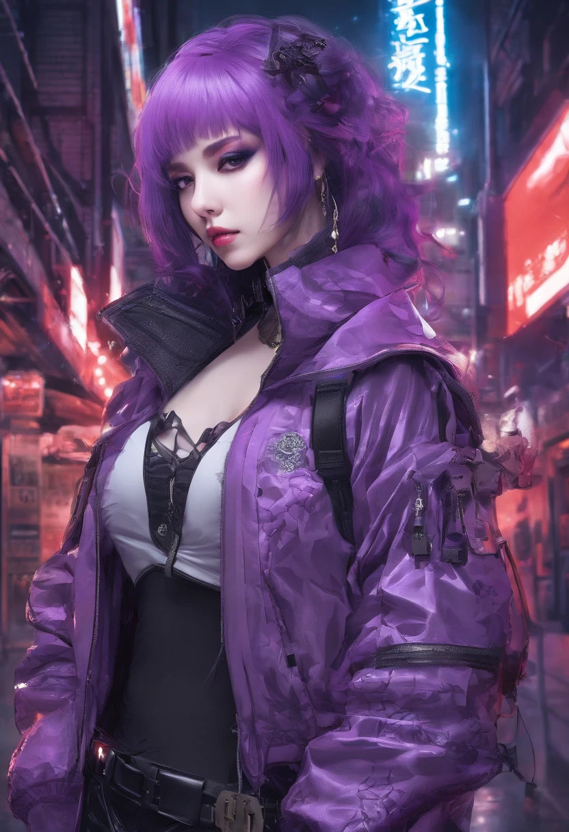 japanaese girl,pale skin,beatiful face(purple hair)red jacket,Tokyo at night, with Cyberpunk style,Japanese streetwear,Tokyo Fashion,In a Cyberpunk 2 jacket 0 7 7,Full-length,attractive pose,Bottom view