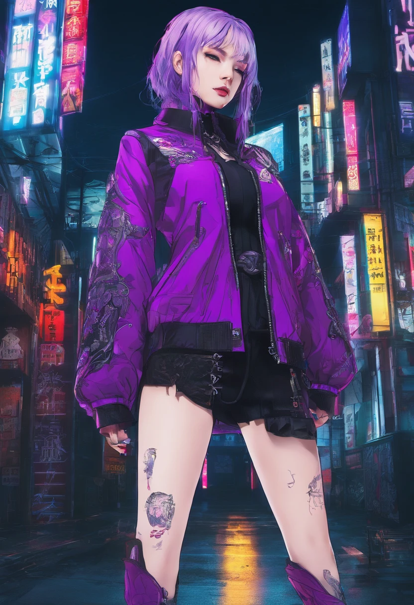 japanaese girl,pale skin,beatiful face(purple hair)red jacket,Tokyo at night, with Cyberpunk style,Japanese streetwear,Tokyo Fashion,In a Cyberpunk 2 jacket 0 7 7,Full-length,attractive pose,Bottom view