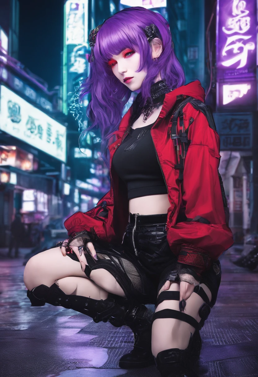 japanaese girl,pale skin,beatiful face(purple hair)red jacket,Tokyo at night, with Cyberpunk style,Japanese streetwear,Tokyo Fashion,In a Cyberpunk 2 jacket 0 7 7,Full-length,attractive pose,Bottom view
