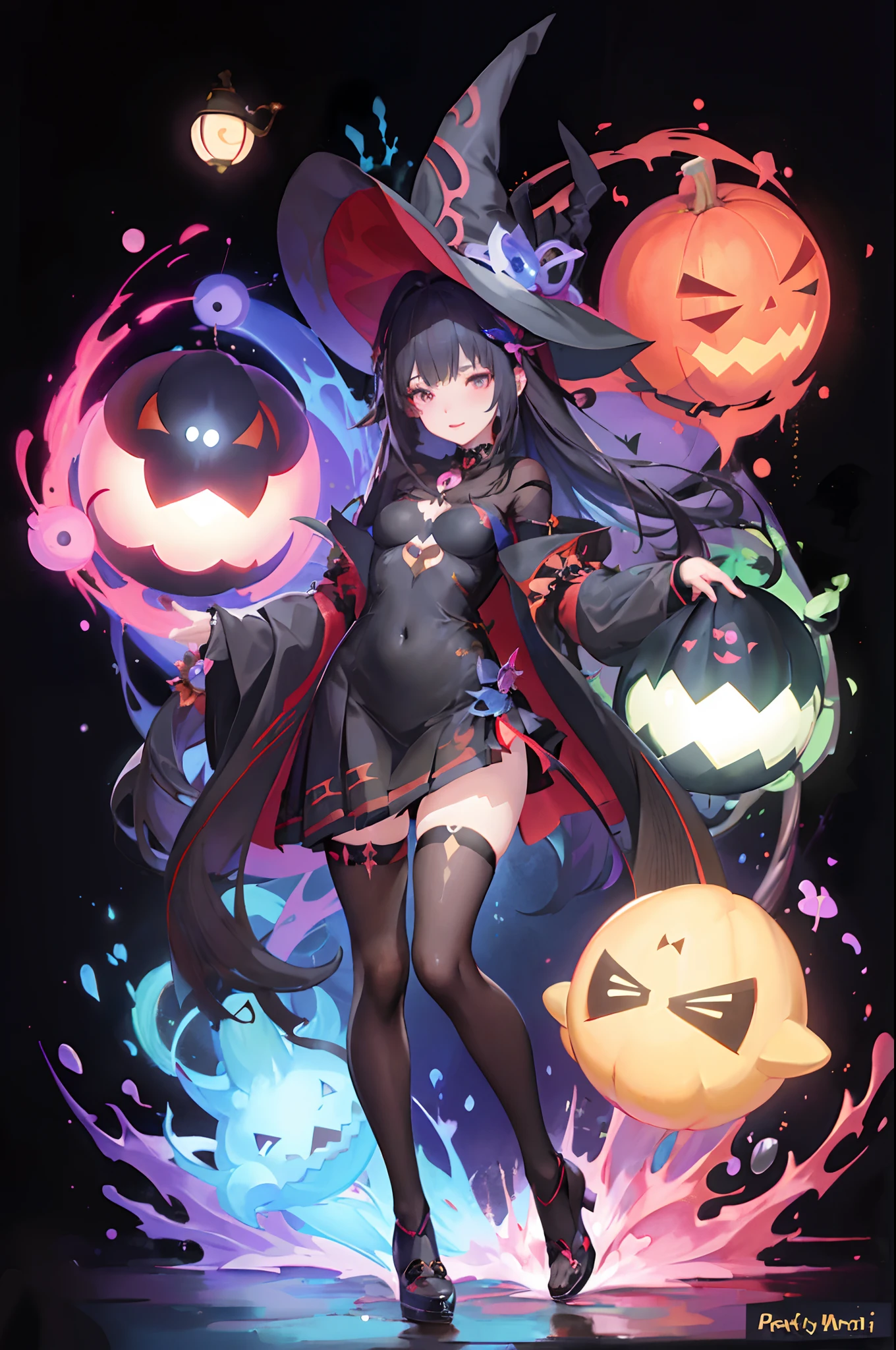 Anime girl in witch costume with cat and pumpkin, Ayaka Genshin Impact, demon anime girl, Trending on ArtStation pixiv, fashionable dark witch, flirty anime witch casting magic, guweiz on pixiv artstation, best anime 4k konachan wallpaper, halloween art style, artgerm and atey ghailan
