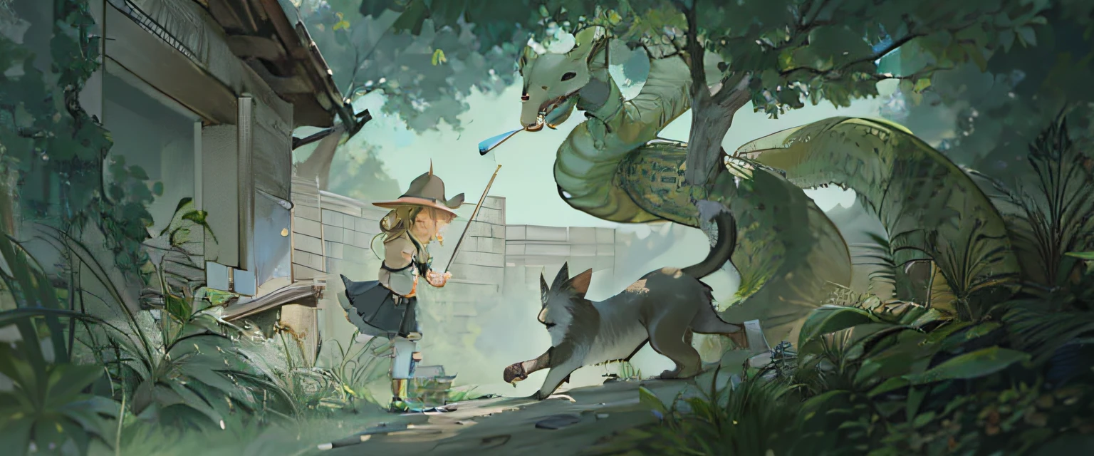 There was a  girl and dog in the forest，A giant python is wrapped around the tree，concept art for a video game