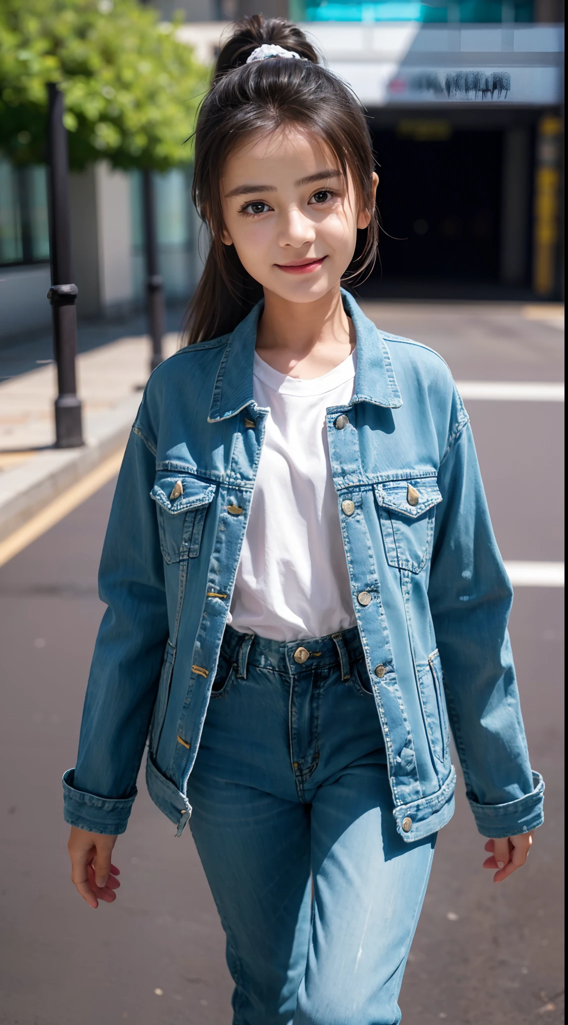 （Extremely meticulous CG 8k wallpaper），（Extremely refined and beautiful），（Masterpiece），（best qualtiy:1.0），（Ultra High Resolution:1.0），beautiful light up，Perfect lightning，realistic shaded，[A high resolution]，Smooth and flawless fair skin，Extremely exquisite facial details，ultra - detailed,(a 7  girl:1.8),Smile,cheerfulnes,big head，ponytail,pretty face,In residential areas,dilapidated multi-story buildings,in early autumn,Shrubs, green grasslands,By the side of the path,running,(Long denim coat:1.3),(Long denim pants:1.3), (White sneakers:1.1),Carrying a shoulder bag, Upper body, Close shot,from front,Morning, bright sunshine,