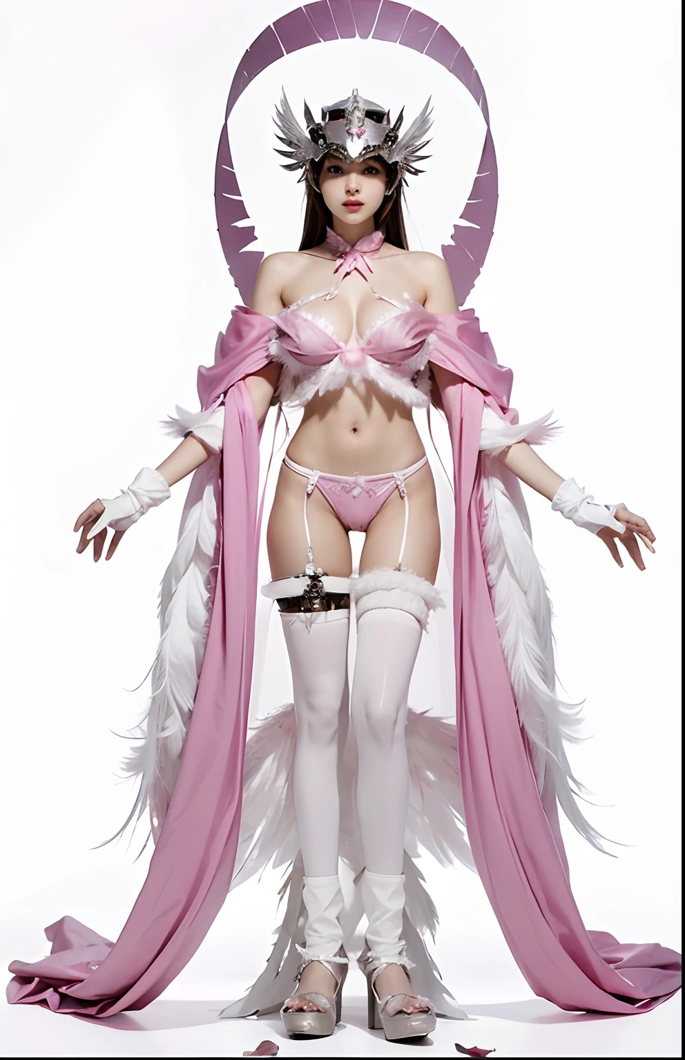 An angel, iron helmet with feathers, pink shawl, white wings, huge breast covering by ornaments, bikini with a half long socks with heels, Angewomon from Digimon