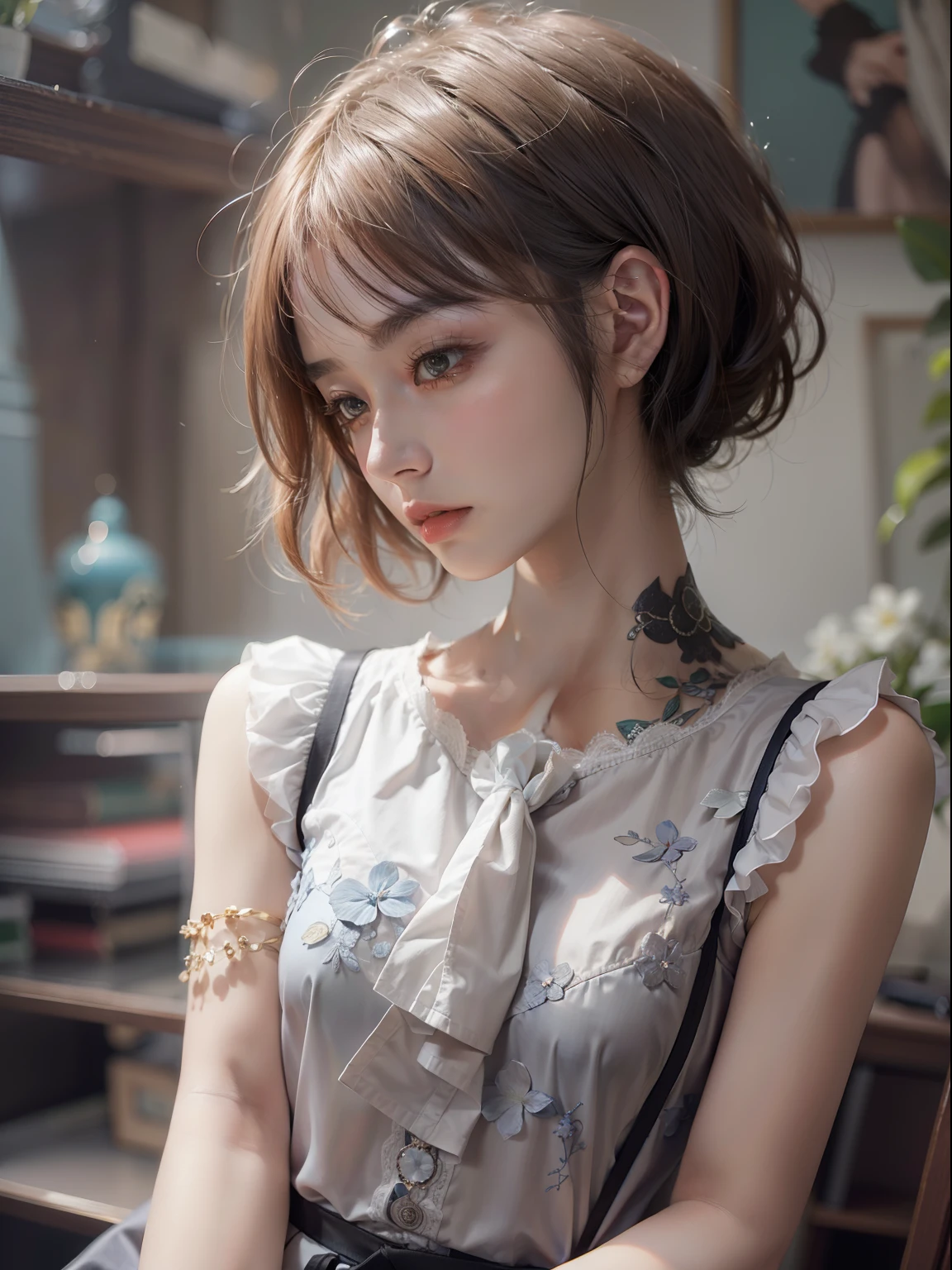 Ultra high resolution Japanese Beautuful Women、Girl vs、short-hair、profile、Mournful,full bodyesbian,blackstockings