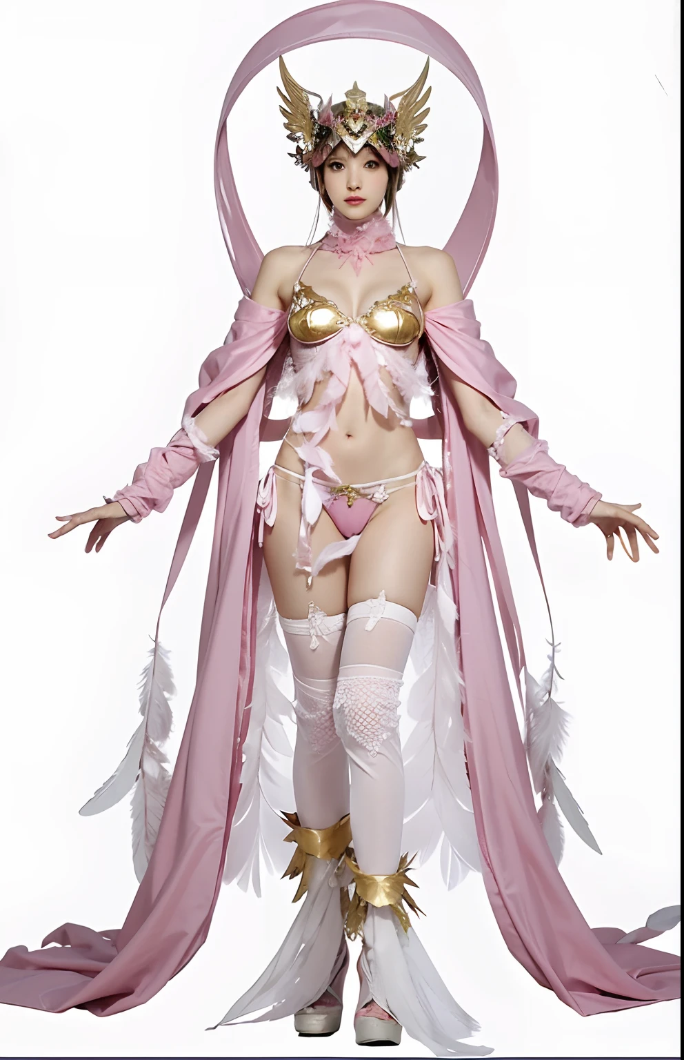 An angel, iron helmet with feathers, pink shawl, white wings, huge breast covering by ornaments, bikini with a half long socks with heels, Angewomon from Digimon