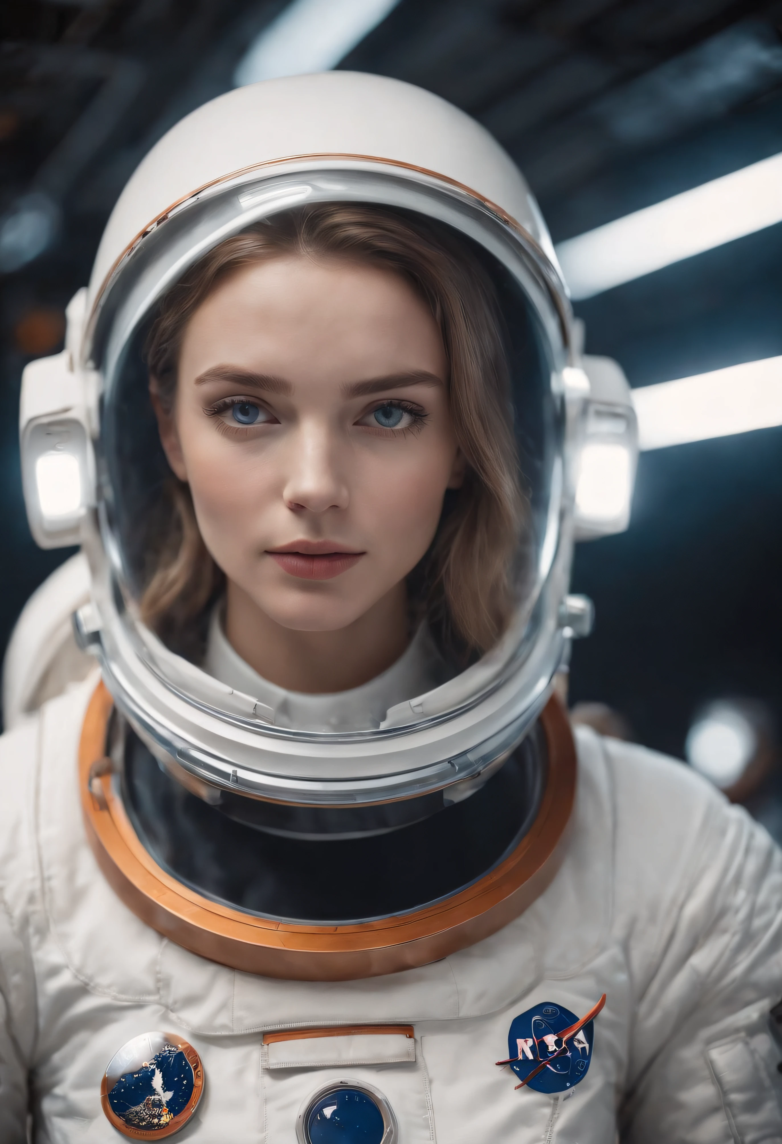 Beautiful astronaut 25 years old woman 1950 , Deep Blue Eyes, Metallic white orange detail clothing, Cinematic, photo shot, Half backlight, Backlight, Dramatic Lighting , Incandescent, Soft lighting, insanely detailed and intricat, Hyper maximalist, Art that is not Gwaits style, Elegant Pose, Dynamic, Photography, Volumetric , ultra-detailliert, intricate detailes, An ultra-detailed masterpiece by Gwise, futuristic environment