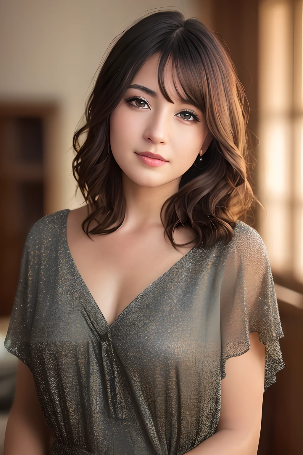 Looking at the audience, light makeup, realism, realistic photos, professional color correction, 8K, F2.4 aperture, 35mm lens, realistic face