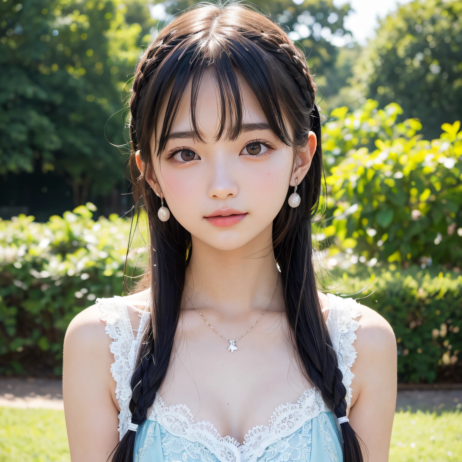 2 girls in、Twintail hairstyles,masutepiece, Best Quality, 8K, 15yo student, Teen, Raw photo, absurderes, award winning portrait, Smile, Botanical Garden, neons, Idol face, violaceaess, gardeniass, Delicate girl, Upper body, Digital SLR, Looking at Viewer, Candid, Sophisticated, zora々Right, Thin arms, Professional Lighting, Film grain, chromatic abberation, (Eyes and faces with detailed:1.0), (Bokeh:1.1),Luxurious dresses、intricate lace、intricate hair ornament、Complex earrings、Complex necklaces、Beautiful breasts、shawls、Pink and light blue,