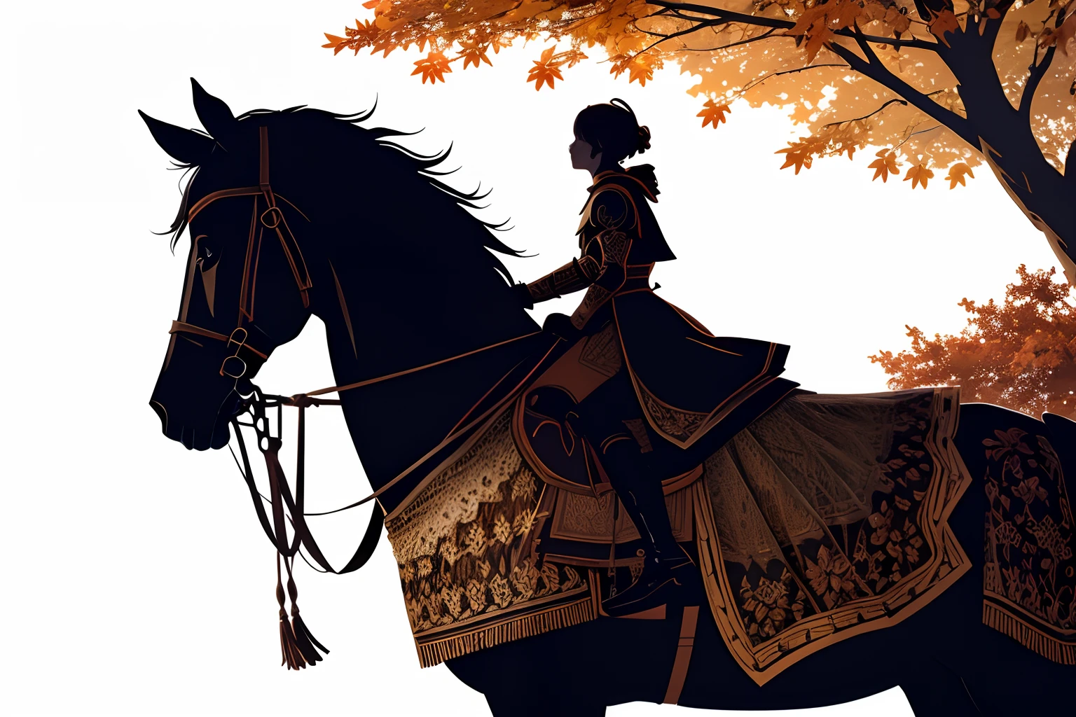 beautiful autumn scenery illustration, white screen background, silhouette knight, upper shot, from side, autumn holographic flutter down, intricate detailed,