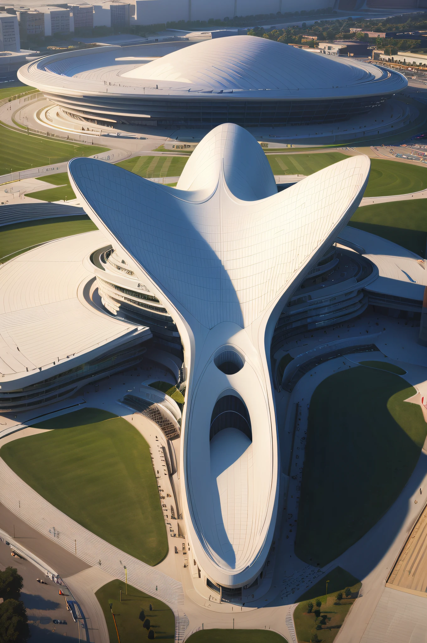 ((Best quality)),((masterpiece)),((realistic)),design a cutting-edge sports stadium in Zaha Hadid's iconic modern architectural