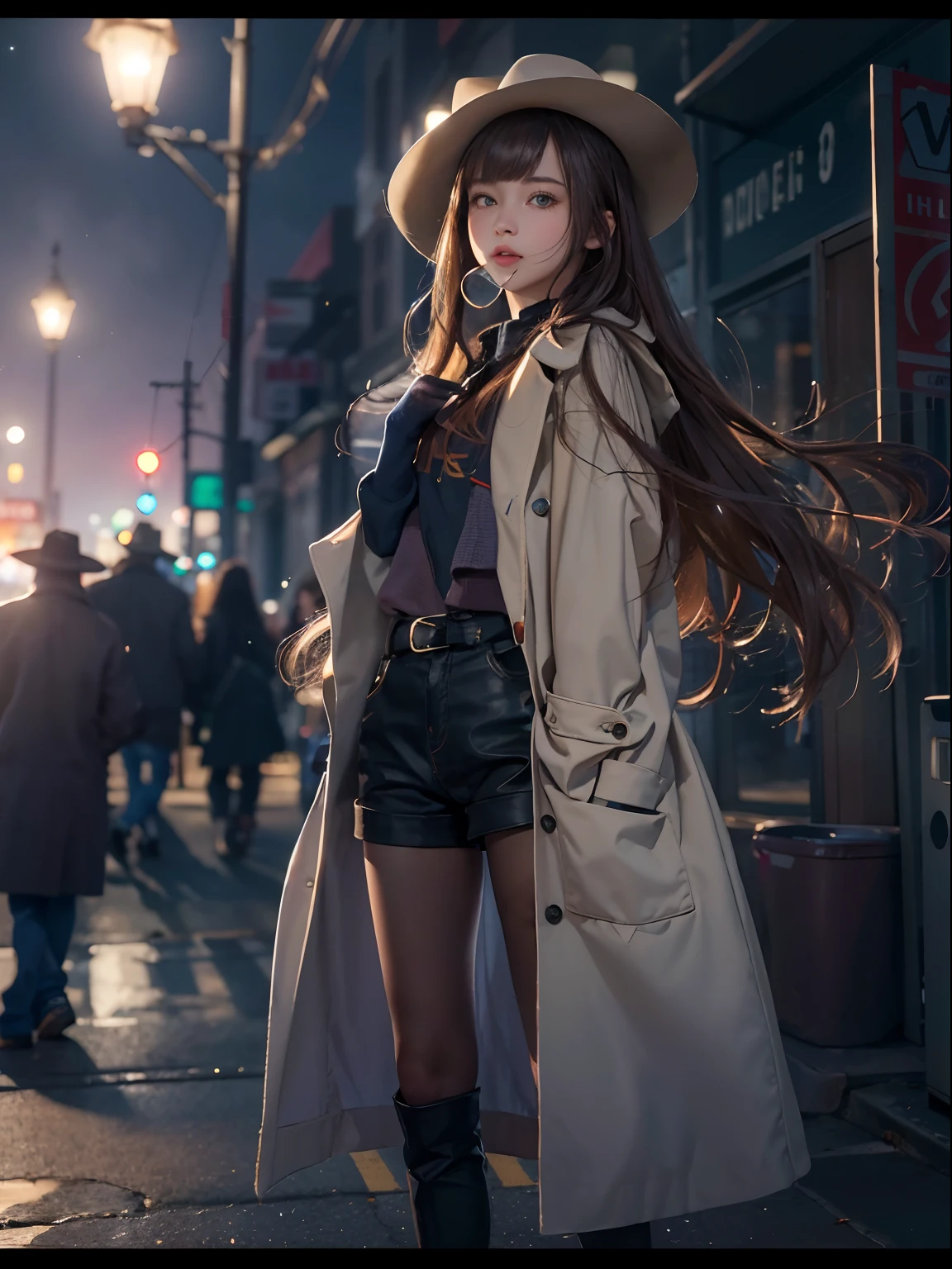 (masterpiece, ultra high res, best quality:1.1), (flat color), 1girl, solo, teen, cowboy shot, (depth of field:1.2), (night), (long coat), downtown, (the street lights： 1.1), (Fantastic lighting), looking at viewert, brunette color hair, long whitr hair, [ssmile], (Keep one's mouth shut)，blackstockings