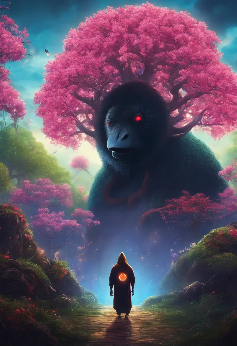 NOFACE from spirited away faceing off with giant fluro ultraviolet and pink glowing coloured strange mutantslothmonster with red and green tentacles coming out ov its face boss monster with mini cherry blossom trees and blue willow trees on it head with a spotted giant gonatodes ocellatus spikeing out like supersaiyan goku dynamic 8bit pixel 80s style video game