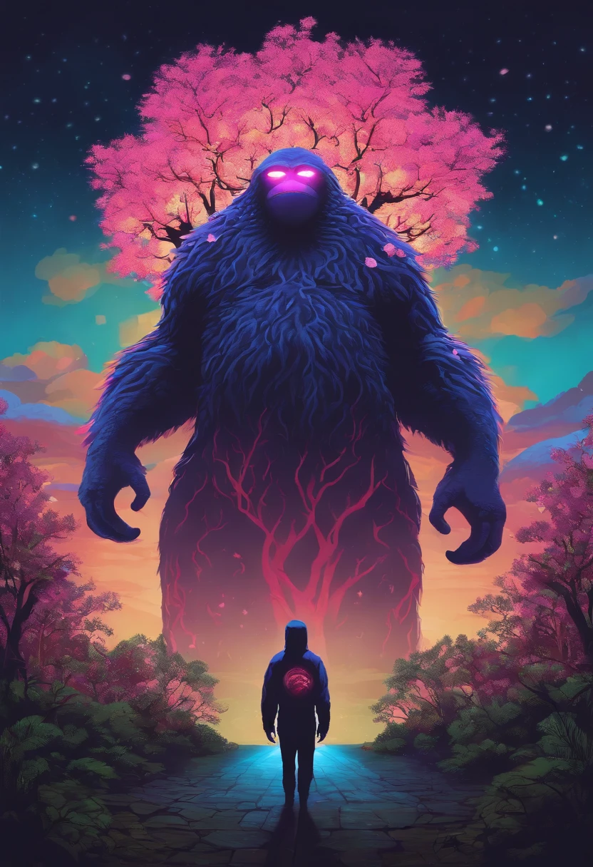 NOFACE from spirited away faceing off with giant fluro ultraviolet and pink glowing coloured strange mutantslothmonster with red and green tentacles coming out ov its face boss monster with mini cherry blossom trees and blue willow trees on it head with a spotted giant gonatodes ocellatus spikeing out like supersaiyan goku dynamic 8bit pixel 80s style video game