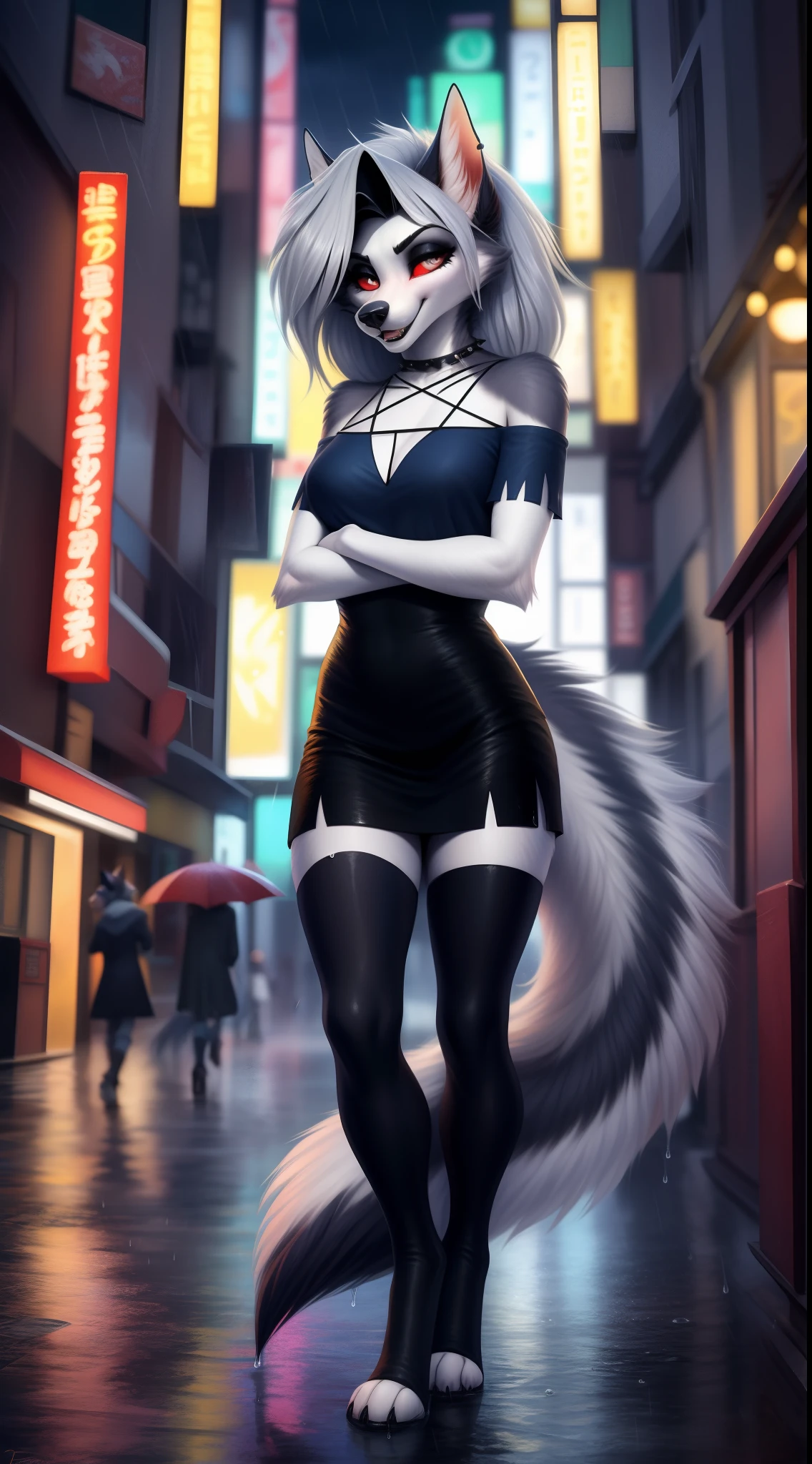 von Personalami, Helluva Boss, Loona Hellhound, Loona, weiblich, (detailliert), Ansicht des Betrachters, flauschig, solo, high resolution, fotorealistisch, niedlich schauend, verlegend schauend, rain clothes, rainy weather, raining, ((wet fur)), tokyo street landscape, glowing city lights, happy, Detailliert, (((Detailed eyes))), ((two ears)), full-body, Weiblich, mager weiblich, looks happy, Blick auf den Betrachter, (Detailliert), flauschig, high resolution, fotorealistisch, detailliertes Fell, five fingers, anatomoy correct tail, ((tail correct Position)), standing position, walking