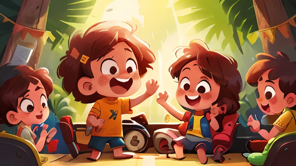 Children playing happily on stage,Driving game,Clear facial features,Palm intact,Fingers intact,k hd,cheerfulness,Cartoony,Stage,performance